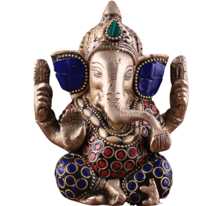 Small Pure Brass Lord Ganesha Idol with Stonework - 5" Height